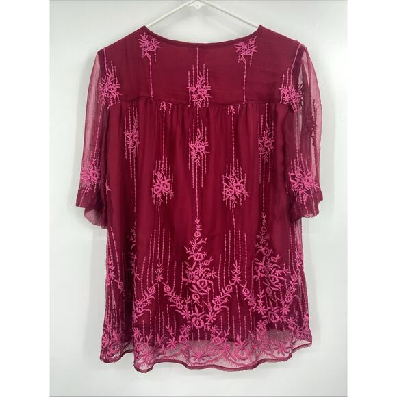 Sundance Cora Floral Embroidered Overlay Blouse Wineberry‎ Red Small Petite - Picture 5 of 6